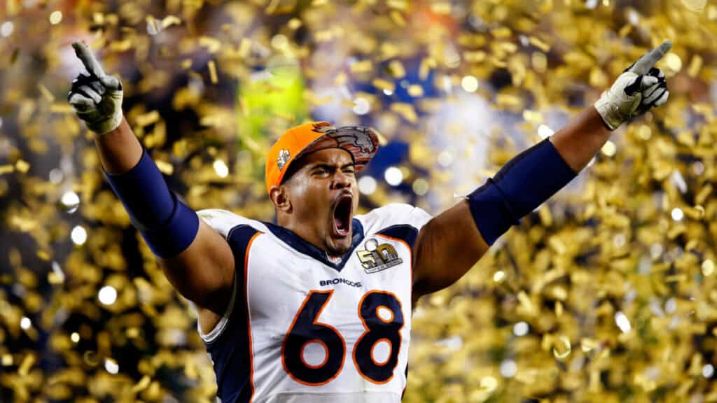 Ryan Harris Celebrating the Denver Broncos Super Bowl 50 win in 2016