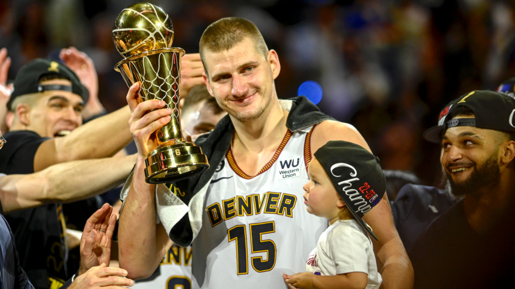 Nikola Jokic celebrating the Denver Nuggets 2023 NBA Championship