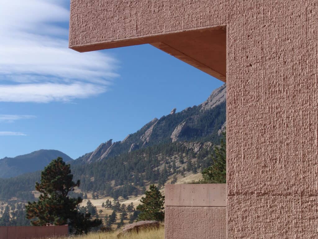 NCAR building against the backdrop of the Flatirons, near Longmont Colorado