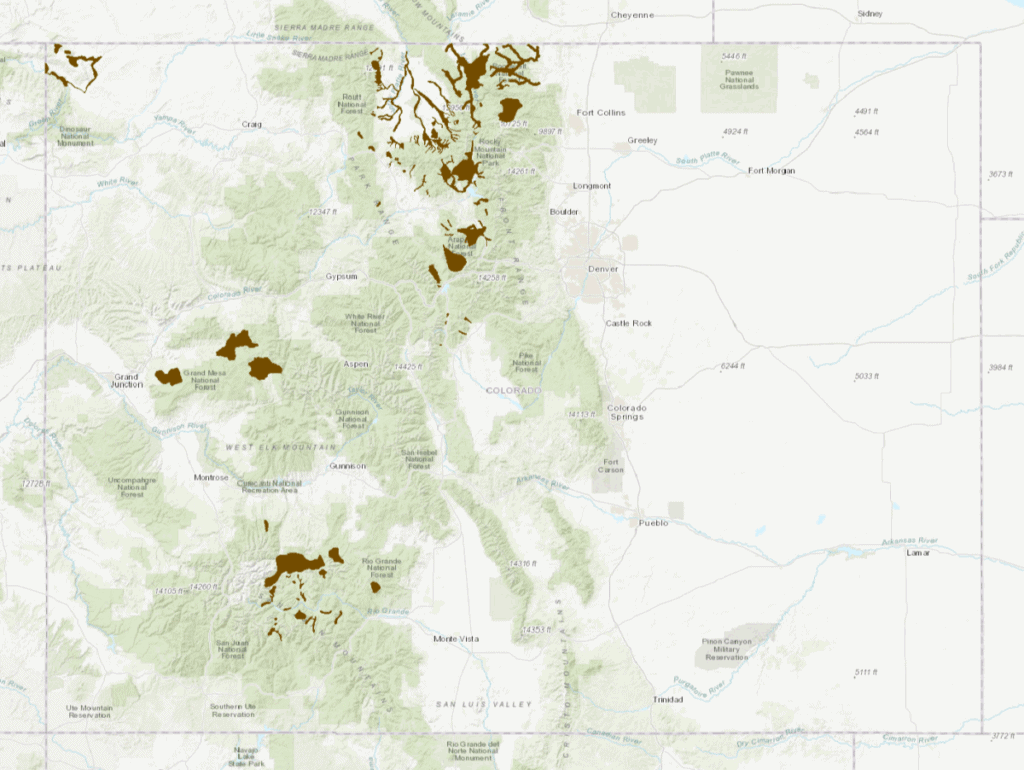 Map showing Concentrated habitat for moose in Colorado shown in brown. Data from databasin.org