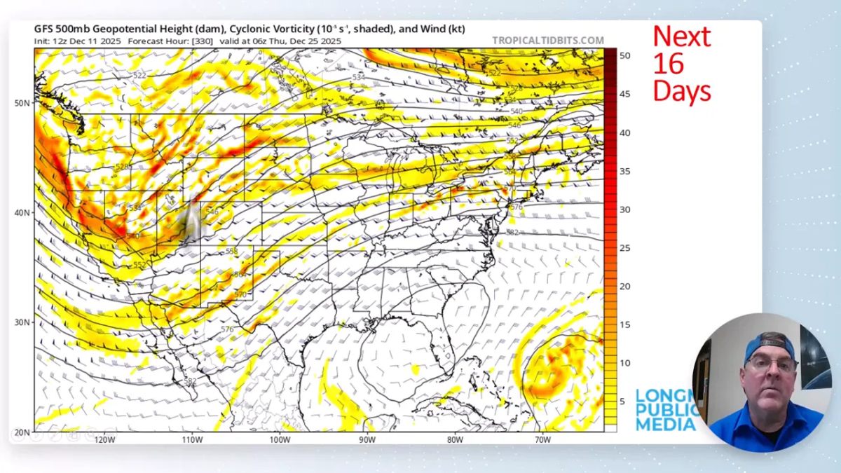 GFS 500mb geopotential height and cyclonic vorticity map valid December 25, 2025 showing a pronounced trough over the Intermountain West and associated vorticity.
