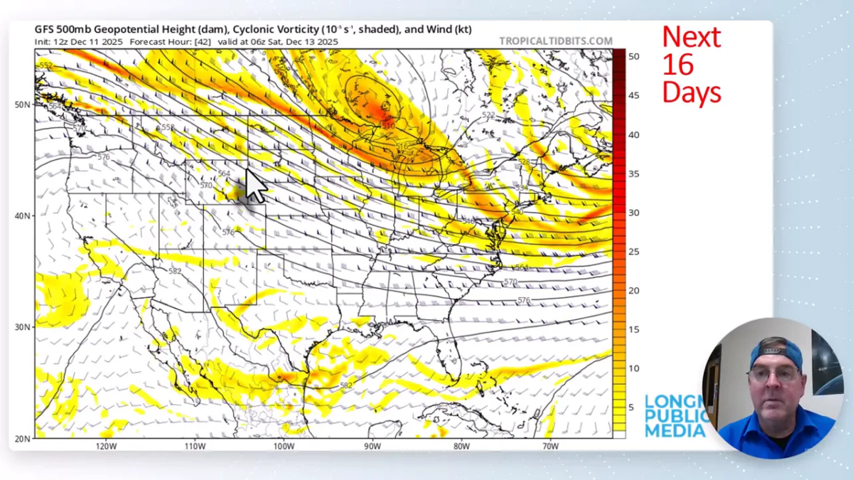 GFS 500mb geopotential height and vorticity map valid Dec 13 showing a ridge over the western U.S. and jet stream across the northern plains near Colorado