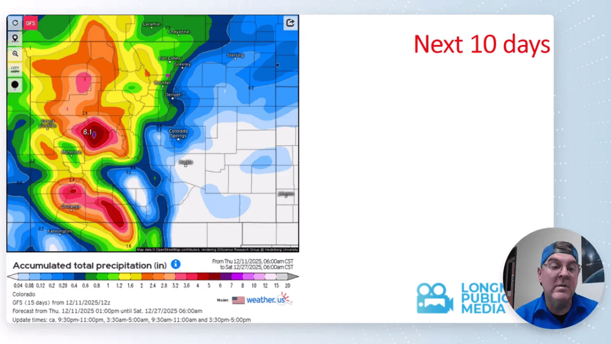 Clear accumulated total precipitation map (Next 10 days) for Colorado with color legend and small presenter inset