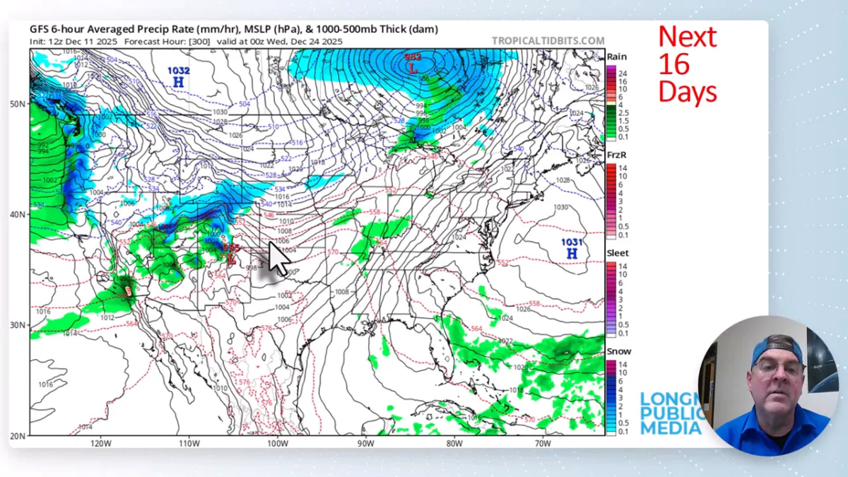 GFS forecast map valid Dec 24 showing rain and snow shading over the western U.S., with precipitation over Colorado and pressure contours