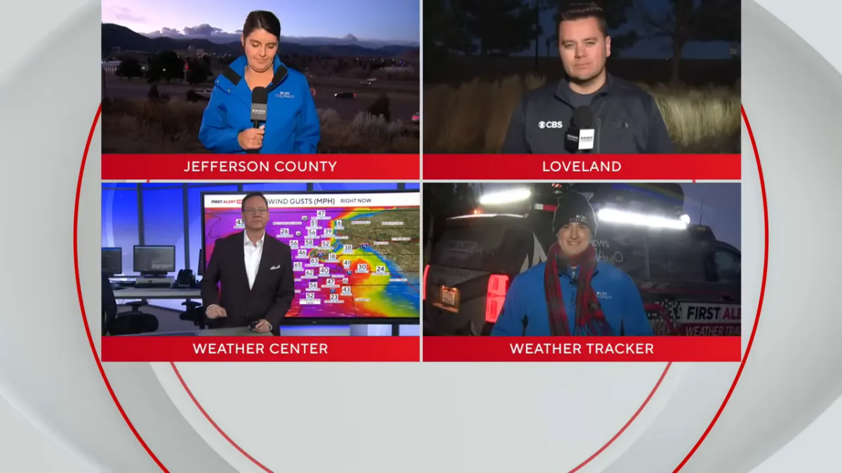 Split-screen live coverage showing a Jefferson County reporter, Loveland reporter, the weather center with wind gust map, and the weather tracker vehicle.