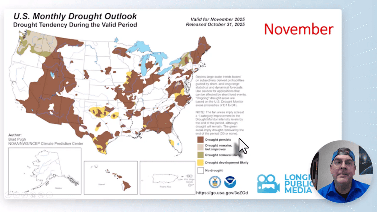 U.S. monthly drought outlook map showing areas where drought persists or may improve, with presenter inset
