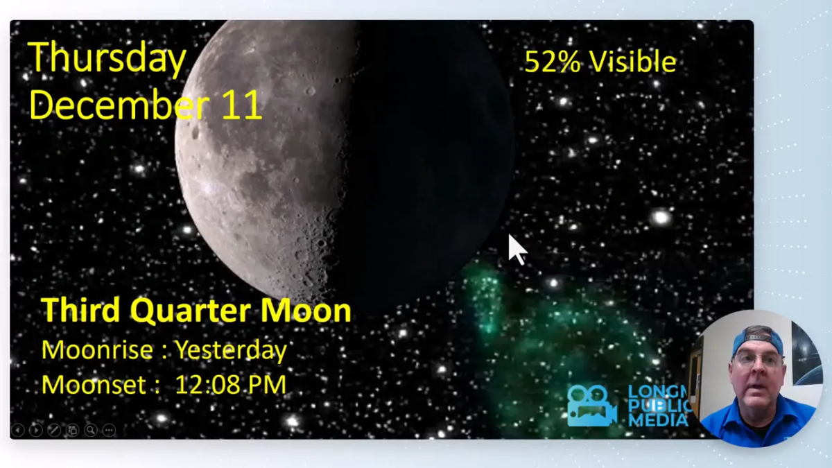 Third quarter moon graphic with text Thursday December 11 and 52% visible over star field