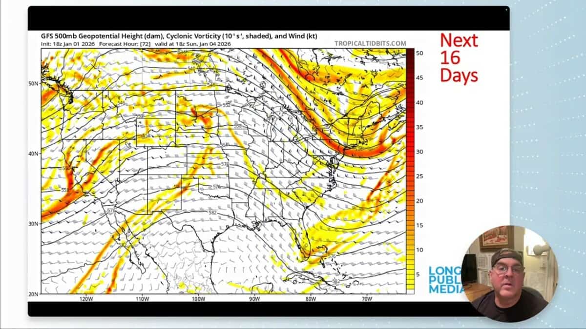 High‑resolution GFS 500mb geopotential height and vorticity map showing a pronounced ridge over the western United States, with presenter inset at bottom right.
