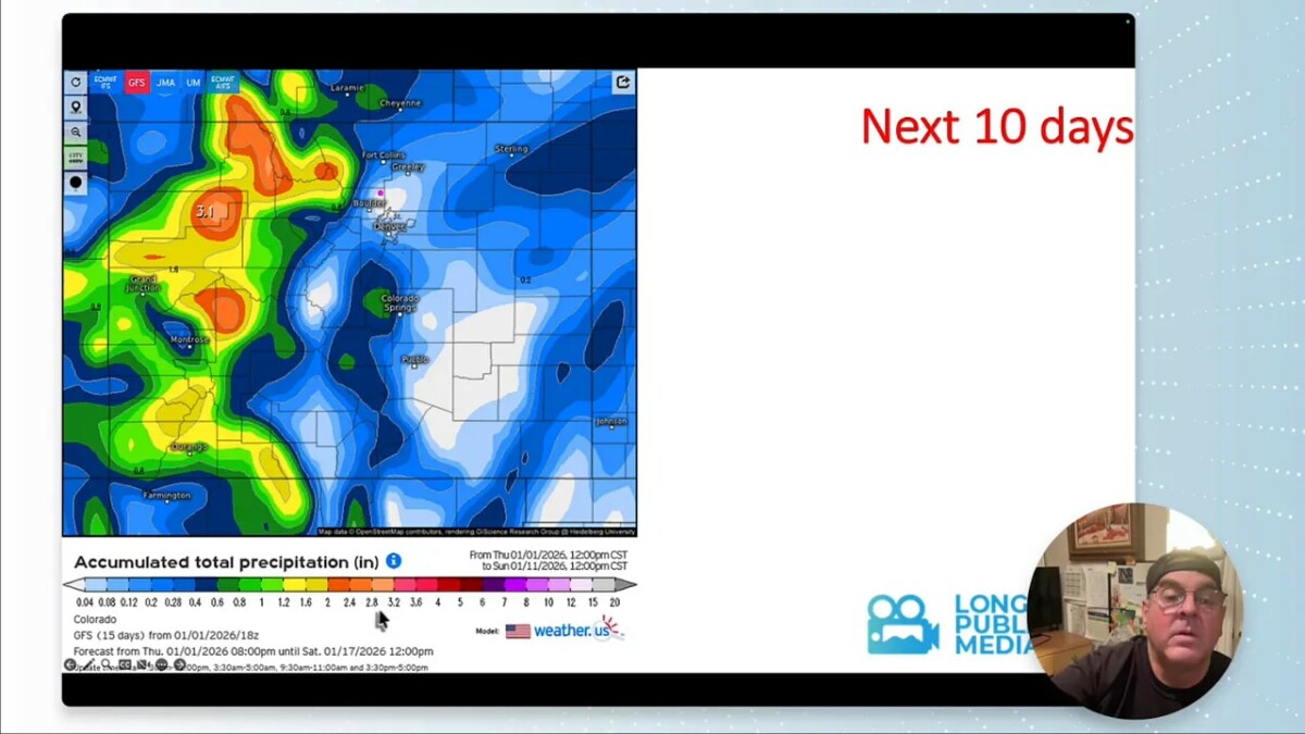 Clear accumulated total precipitation map (next 10 days) with color scale and legend visible, showing heavy precipitation on Colorado's western mountains and a presenter inset