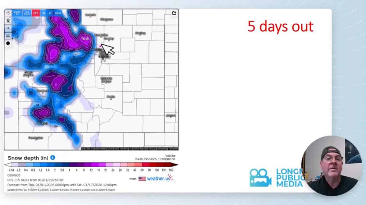 Colorado five‑day snow depth forecast map labeled '5 days out' with purple shading over the mountains and a small presenter inset.