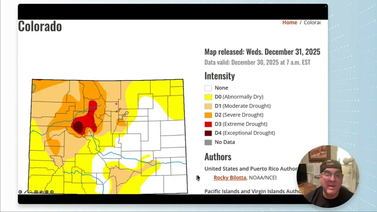 Close-up Colorado drought map with color legend indicating D0 to D4 intensity and a small presenter inset
