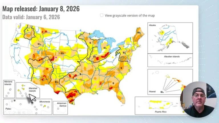 National drought map dated January 8, 2026 showing drought intensity across the U.S., with a small presenter inset