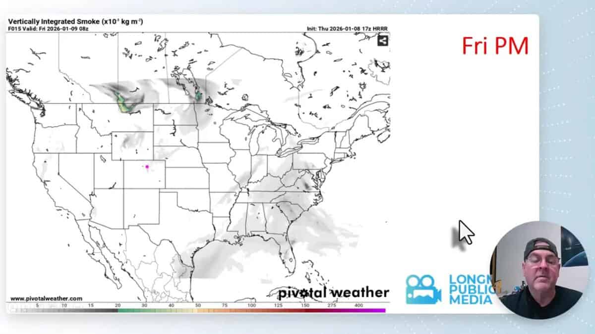 Vertically integrated smoke forecast map (HRRR) for Friday evening showing smoke concentrations across parts of the U.S.