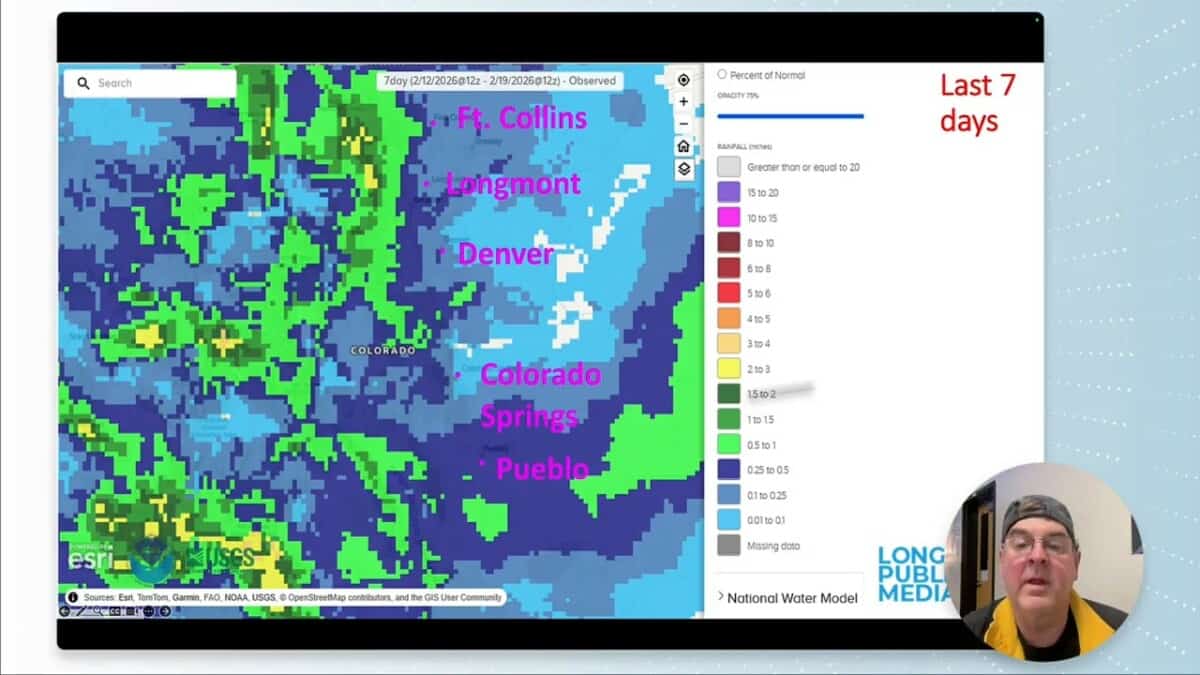 Clear seven-day observed precipitation map for Colorado with color legend, labelled cities (Longmont, Denver, Colorado Springs, Pueblo), and a small presenter inset — highlights mountain-focused rainfall.
