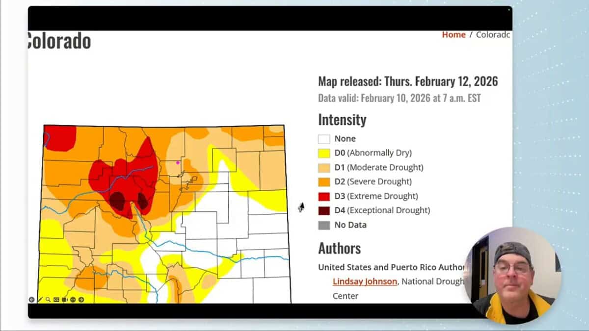 Full-color Colorado drought map (Feb 12, 2026) with orange and red areas indicating severe to exceptional drought, legend and map date visible, presenter inset at lower right.