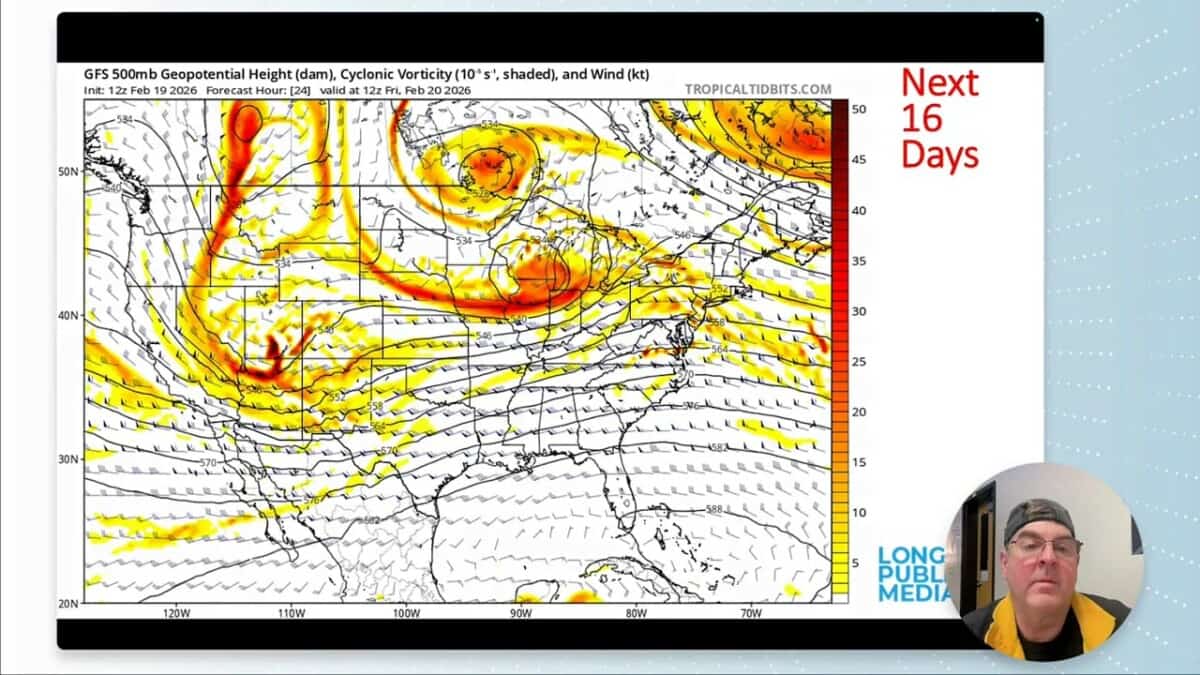 High‑resolution GFS 500 mb geopotential height and vorticity map focused on the western and central U.S., with shaded vorticity in yellow/red, contour lines, and a circular presenter inset at lower right; 'Next 16 Days' label at right.