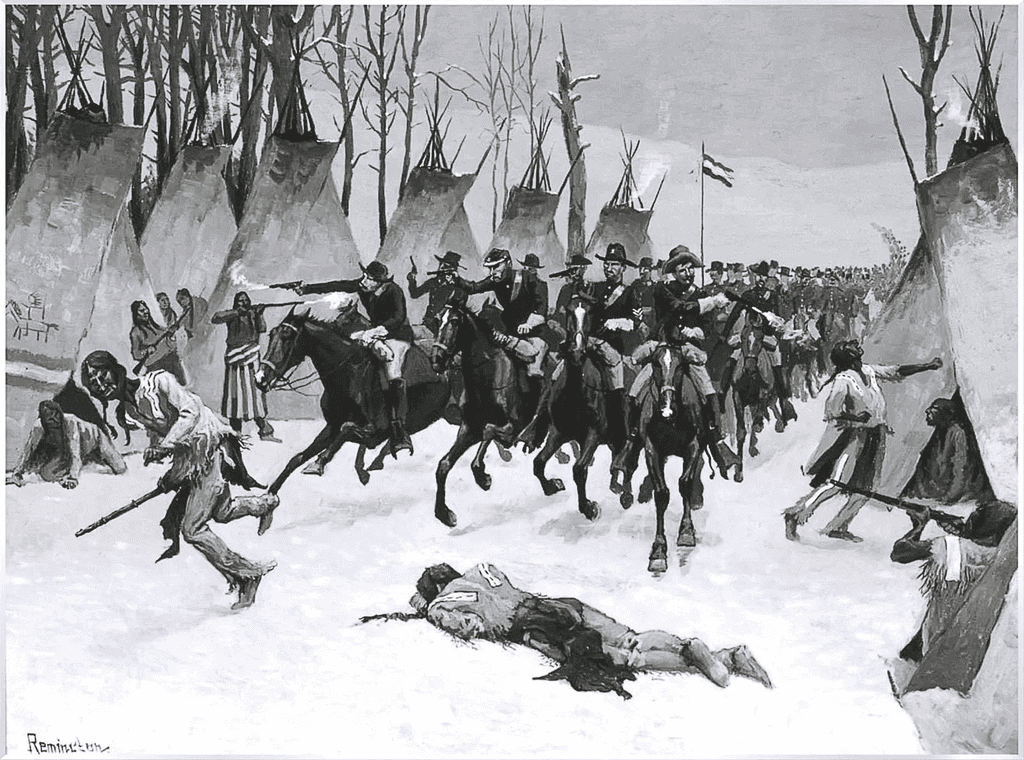 Battle of Washita - Sand Creek Massacre Painting by Frederic Remington - Longmont Ledger