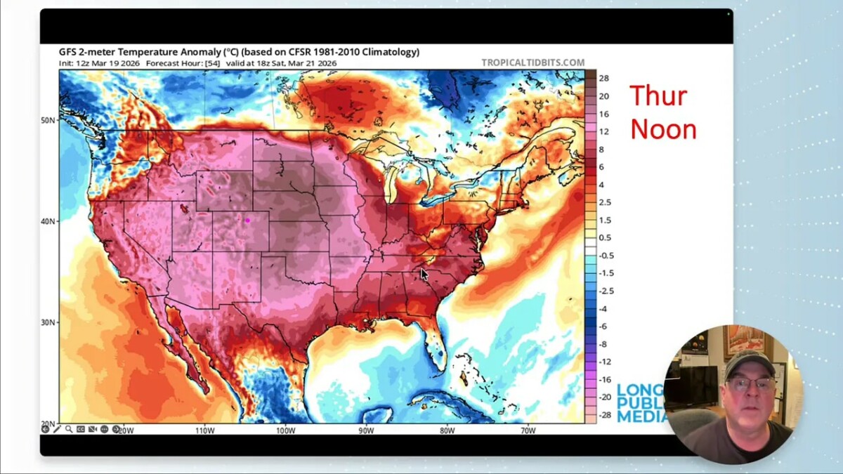 GFS map of 2-meter temperature anomalies showing warmer-than-normal conditions at Thursday noon