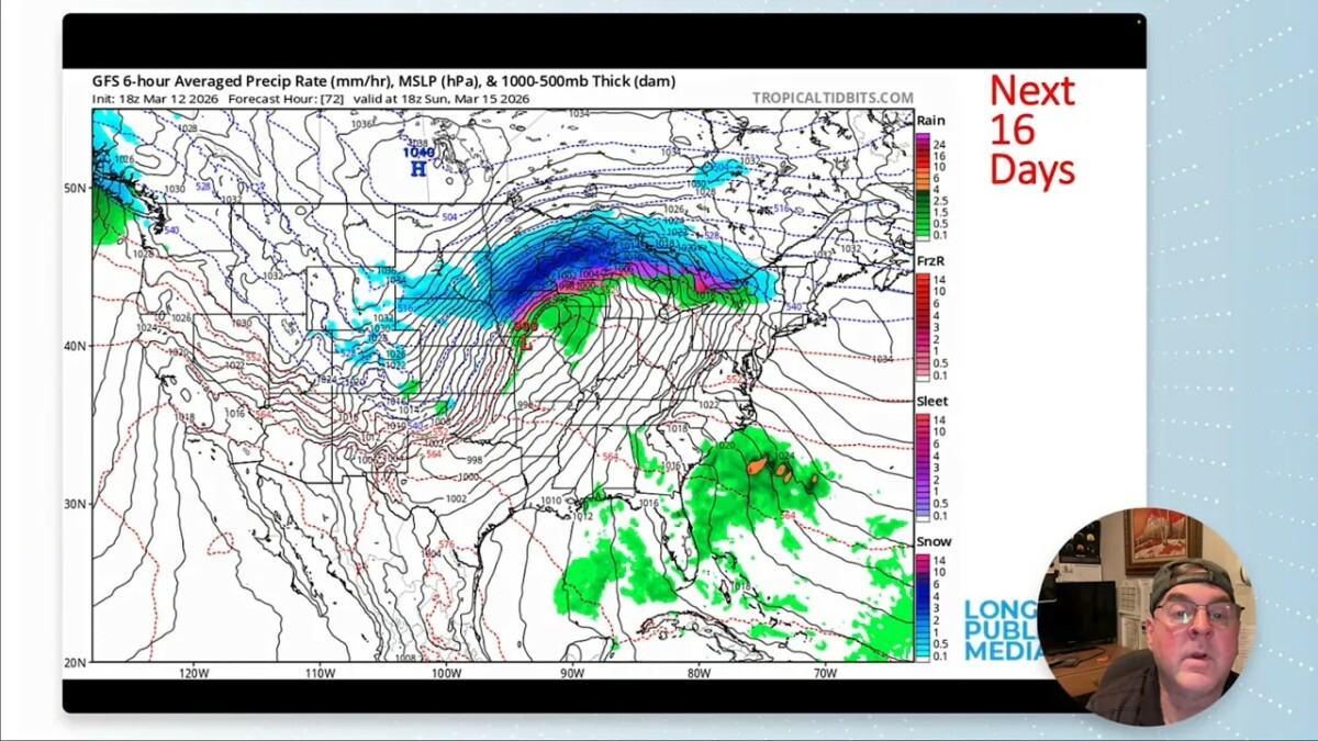 GFS 6‑hour averaged precipitation and thickness map valid Sunday showing a concentrated snow/precipitation shield over the northern Plains and central US, 'Next 16 Days' label and a small presenter inset