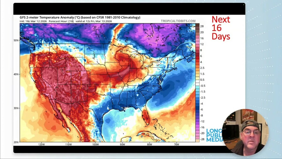 GFS 2‑meter temperature anomaly map showing strong positive temperature anomalies over the western United States (including Colorado), 'Next 16 Days' label and a circular presenter inset in the lower right.