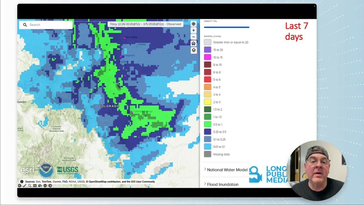Colorado seven day precipitation accumulation map with color legend, clear detail