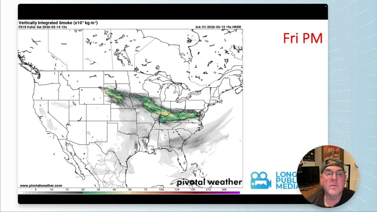 High-resolution vertically integrated smoke forecast map with green/yellow plume across the central US and a circular presenter video inset in the lower right