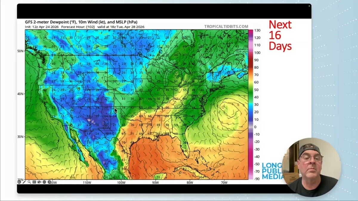 GFS map of 2-meter dewpoint, 10 m wind, and mean sea level pressure showing improving moisture near Colorado