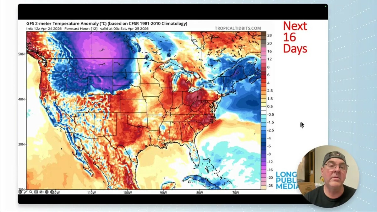 GFS forecast temperature anomaly map for the U.S. showing warm and cool regions over a 16-day period