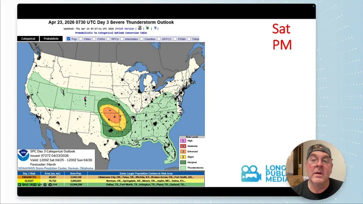 NOAA SPC Day 3 severe thunderstorm outlook map for Saturday PM showing risk levels over the central U.S.