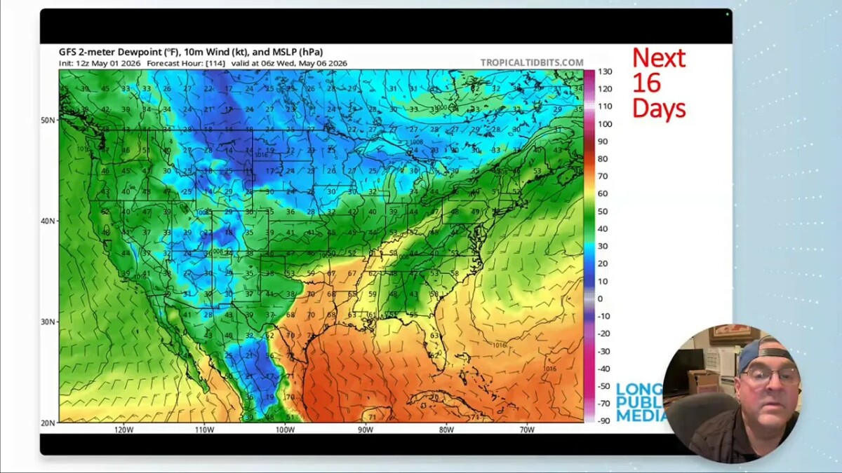 GFS forecast map of dewpoint, wind, and MSLP showing moisture lingering over the Plains near May 6