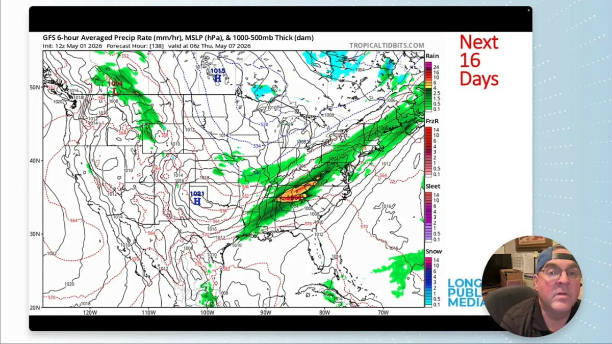 GFS precipitation forecast map showing stronger rain/thunderstorm potential over the central U.S. including Colorado in May 2026