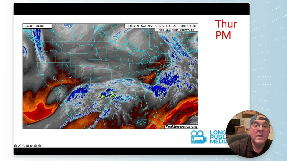 Goes-19 midweek weather map showing ridge and unsettled storm track affecting Colorado and the Front Range