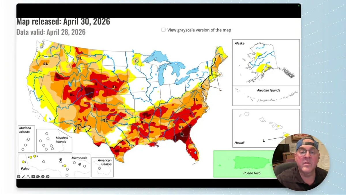 US Drought Monitor drought intensity map released April 30, 2026 showing drought categories across the United States