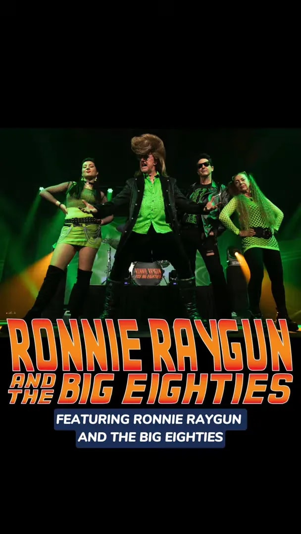 Promotional image for Ronnie Raygun and the Big Eighties with band members posed on a dark stage