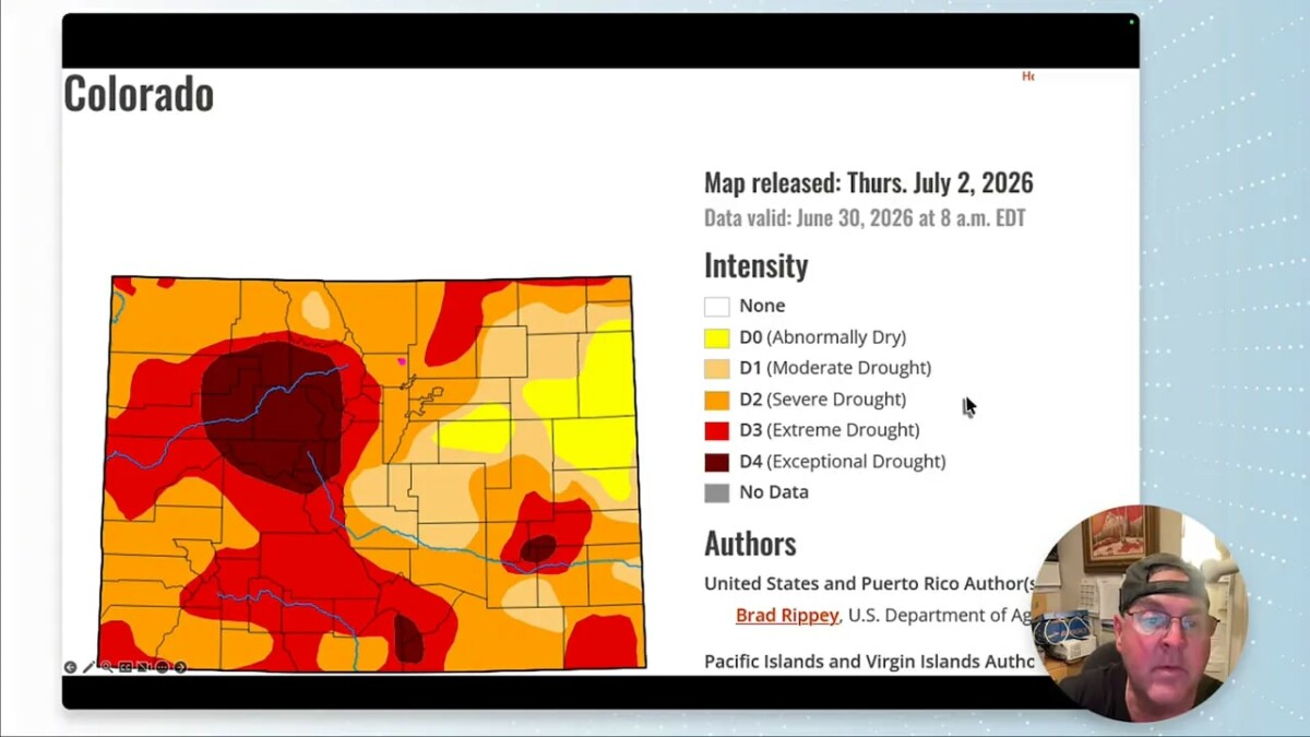Colorado drought map with extensive red and dark red drought areas across the western and central parts of the state