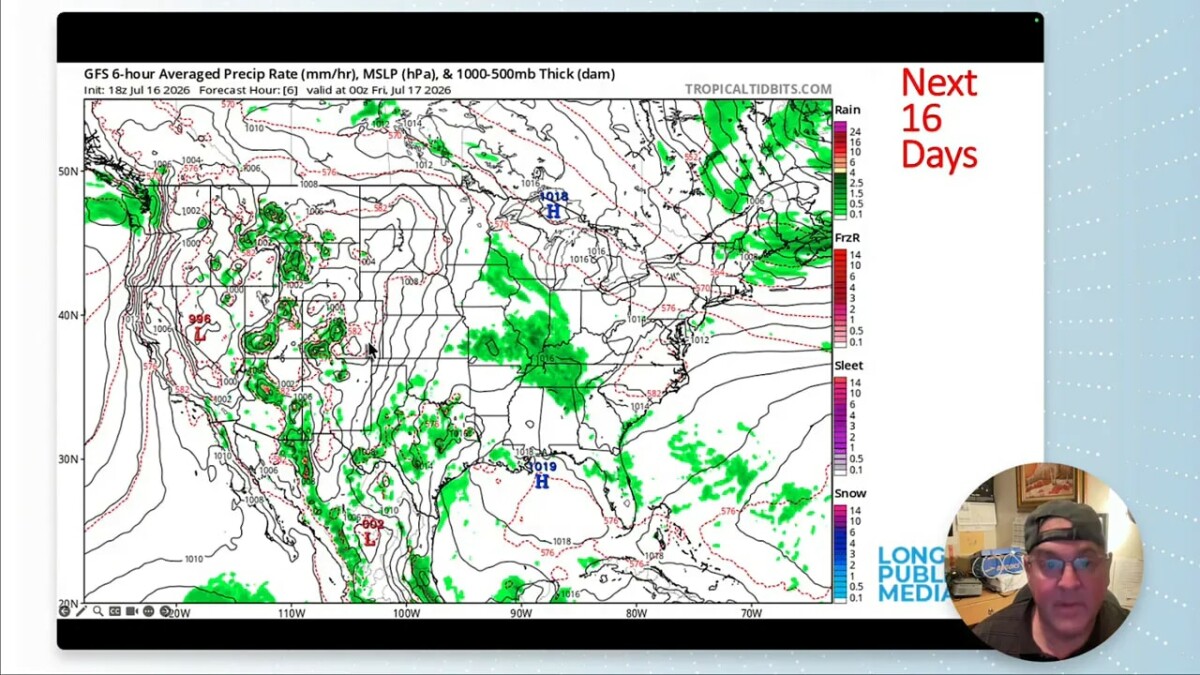 Forecast precipitation map showing scattered green rain areas across the western and central United States