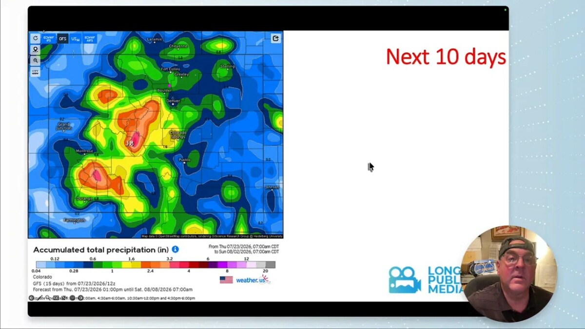 Ten-day accumulated rainfall probability map showing heavier precipitation areas near the Colorado mountains
