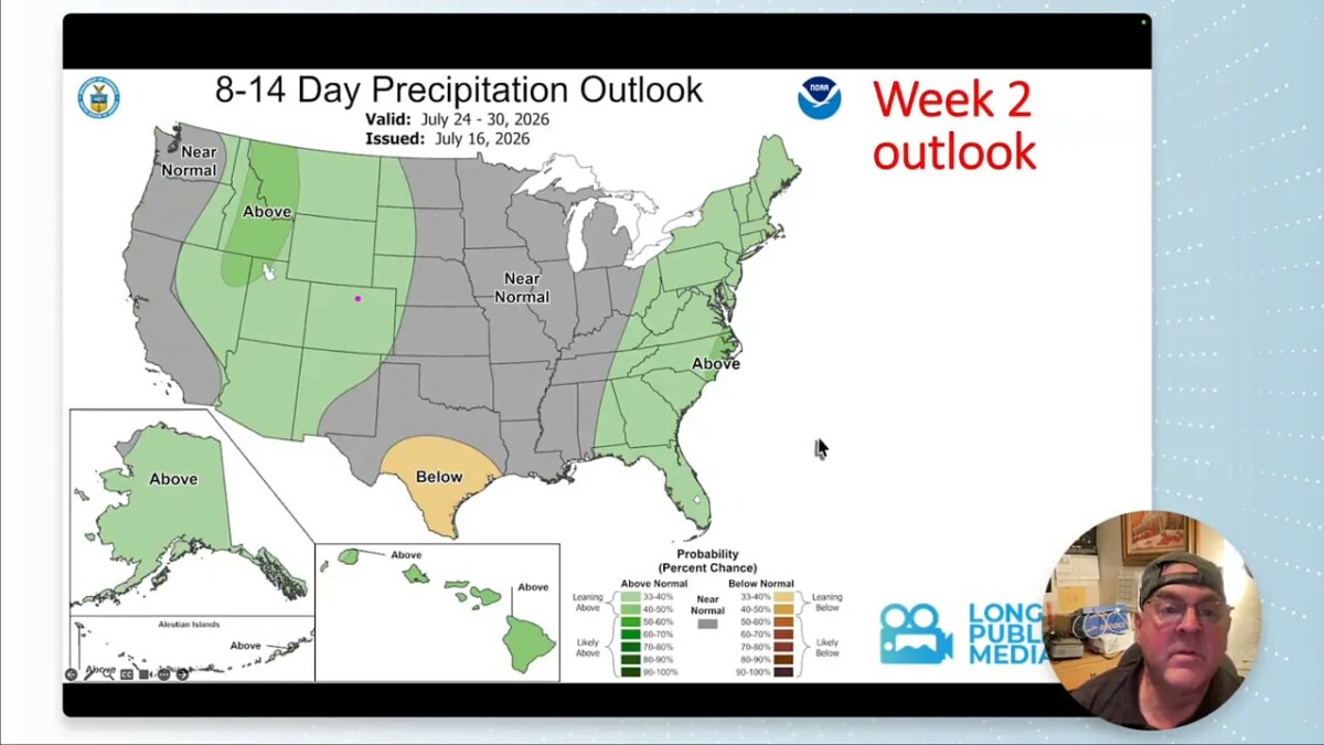 Eight to fourteen day precipitation outlook map showing increased chances of wetter conditions across parts of the United States
