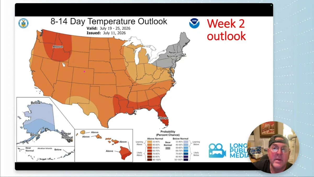 United States eight to fourteen day temperature outlook with above normal temperatures shaded across much of the West and central states