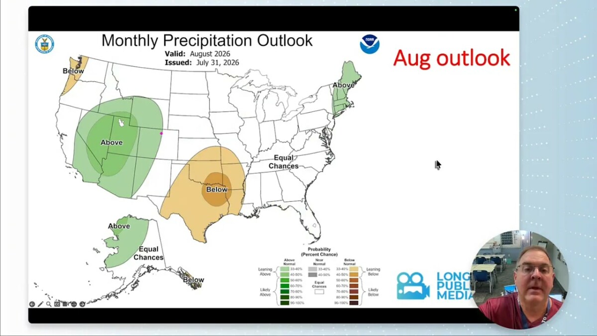 Monthly precipitation outlook map showing above normal chances in parts of the West