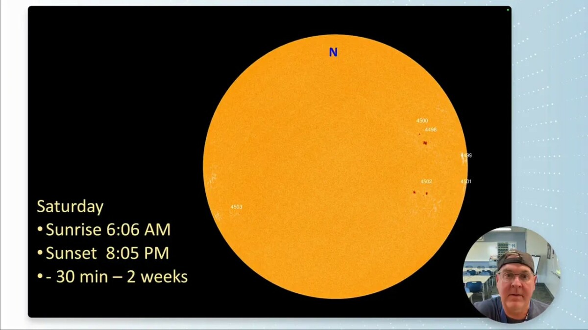 Sun graphic with sunrise at 6:06 AM and sunset at 8:05 PM