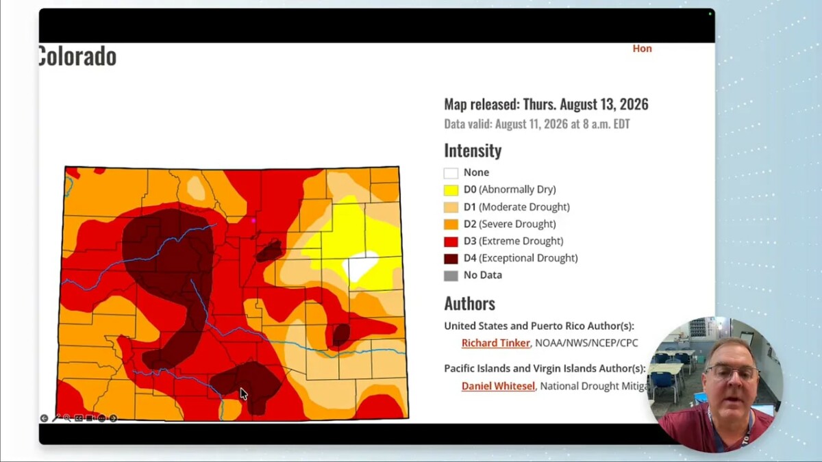 Colorado drought map shaded in yellow orange and red