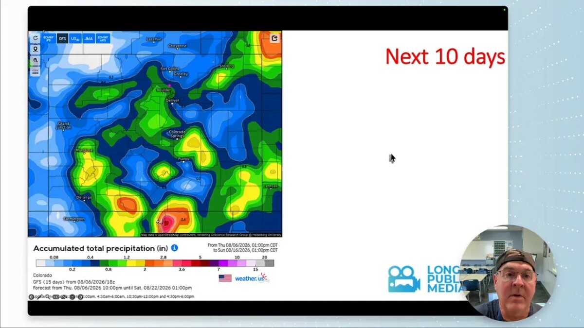 Longmont Colorado forecast showing highs from 101 to 88 degrees and storm chances increasing through Wednesday