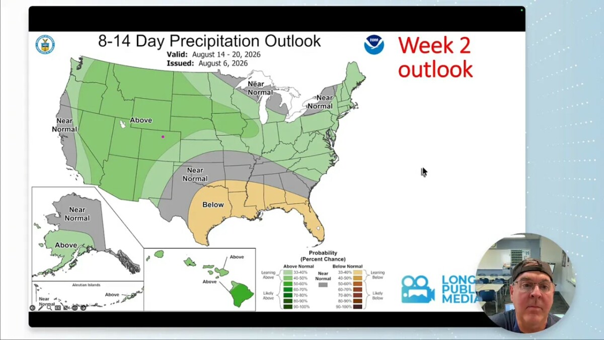 Eight to fourteen day precipitation outlook map with green shading across much of the western United States