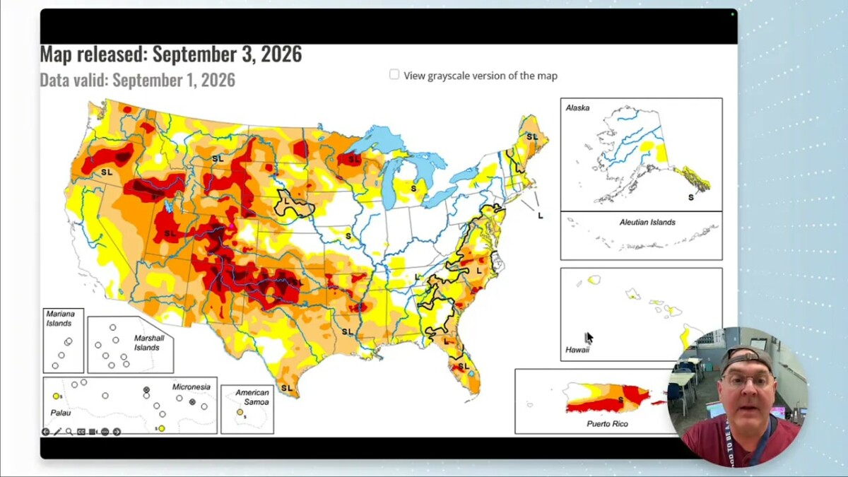United States drought map with Colorado drought conditions highlighted