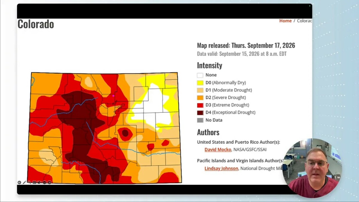 Colorado drought map with dark red areas in western Colorado and a drought intensity legend