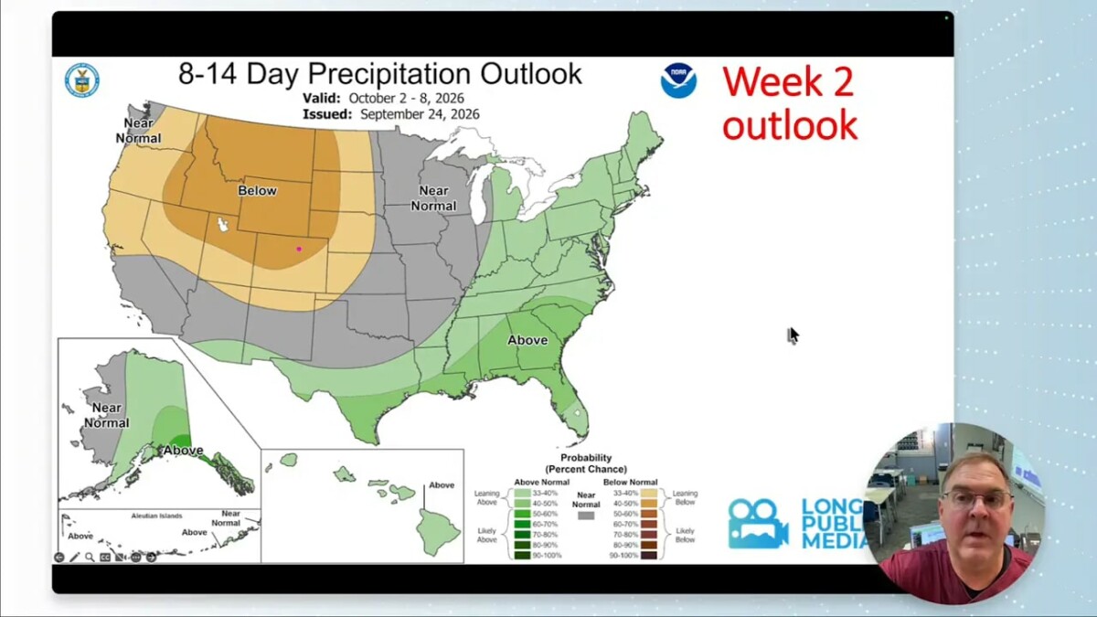 Eight-to-fourteen-day U.S. precipitation outlook with dry-favored shading over parts of the West