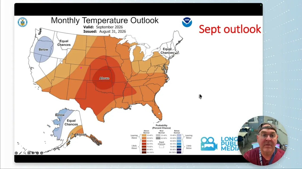 September temperature outlook map showing above-normal temperatures across Colorado